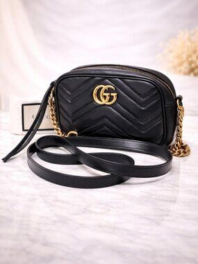 Authentic Gucci Marmont Matelassé Mini Camera Bag Black Leather GG Crossbody